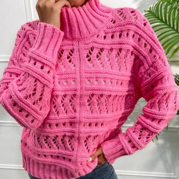 Open Knit High Neck Drop Shoulder Sweater - Picture 6 of 6